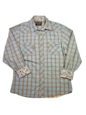 Wrangler Retro Size L Western Pearl Snap Plaid Shirt Blue Tan